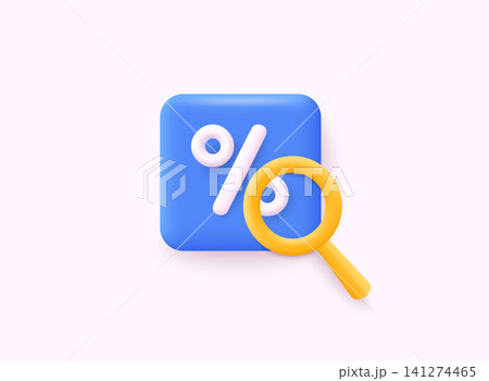 Percent with magnificent glass. Interest low price 3d percent discount vector icon. 3D Web Vector Illustrations. Percent with magnificent glass. Interest low price 3d percent discount vector icon. 3D Web Vector Illustrations. 141274465