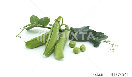 Fresh green pea pods and peas with leaves on a clean white background Fresh green pea pods and peas with leaves on a clean white background 141274546