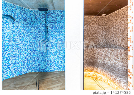 Modern spa area with shower and steam bath Modern spa area with shower and steam bath 141274586