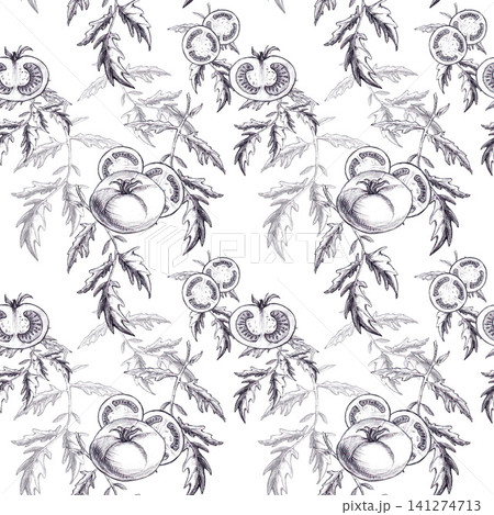 Seamless pattern with tomatoes, slice and leaves hand-drawn graphite hatching pencil sketch. A culinary botanical texture for organic farm-to-table packaging, kitchen fabrics, recipe background. Seamless pattern with tomatoes, slice and leaves hand-drawn graphite hatching pencil sketch. A culinary botanical texture for organic farm-to-table packaging, kitchen fabrics, recipe background. 141274713