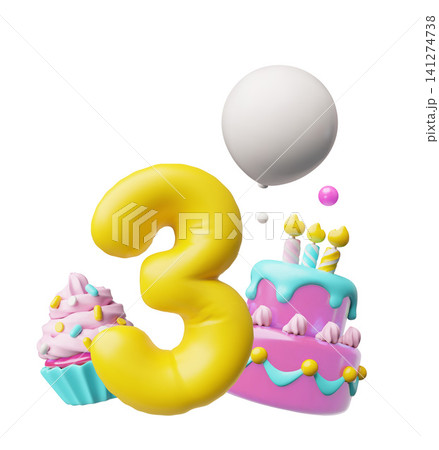 3D birthday number three cake balloon celebration element 3D birthday number three cake balloon celebration element 141274738