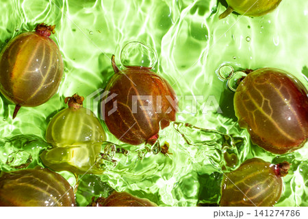 Macro shot of ripe gooseberries in clear green rippled water Macro shot of ripe gooseberries in clear green rippled water 141274786