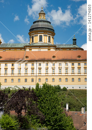 Detailed facade and dome of Melk Abbey against blue sky, Lower Austria Detailed facade and dome of Melk Abbey against blue sky, Lower Austria 141274803
