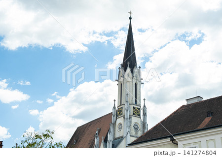 Historic town church tower facade in Melk, traditional European architecture Historic town church tower facade in Melk, traditional European architecture 141274804