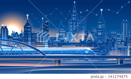 A futuristic blueprint-style digital artwork featuring a smart city at night. Glowing line-art skyscrapers, financial data graphs, and a bright sun illuminate the background, while a high-speed train  141274875