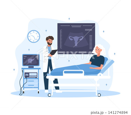 Gynecologist concept. Uterine cancer diagnosis with internal organ scan result. Medical consultation on treatment or therapy. Flat vector illustration Gynecologist concept. Uterine cancer diagnosis with internal organ scan result. Medical consultation on treatment or therapy. Flat vector illustration 141274894