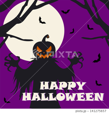 Happy Halloween. A banner with a scarecrow and bats. Vector illustration Happy Halloween. A banner with a scarecrow and bats. Vector illustration 141275657