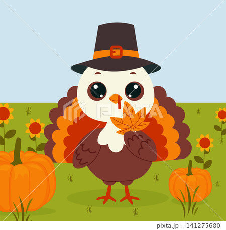 Happy Thanksgiving Day. Vector Illustration with turkey Bird and Pumpkins, nature. greeting postcard, banner, poster Happy Thanksgiving Day. Vector Illustration with turkey Bird and Pumpkins, nature. greeting postcard, banner, poster 141275680