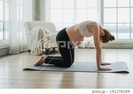 Pregnancy yoga fitness workout training. Pregnant woman practicing yoga at home. Pregnant girl doing sports exercise on yoga mat indoor. Woman with big belly have fitness training practicing asana Pregnancy yoga fitness workout training. Pregnant woman practicing yoga at home. Pregnant girl doing sports exercise on yoga mat indoor. Woman with big belly have fitness training practicing asana 141276109