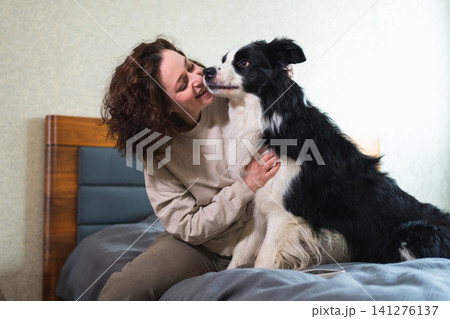 Smiling woman playing with cute puppy dog border collie on bed at home indoor. Owner girl stroking holding dog friend sitting on sofa in living room. Love for pets friendship support team concept Smiling woman playing with cute puppy dog border collie on bed at home indoor. Owner girl stroking holding dog friend sitting on sofa in living room. Love for pets friendship support team concept 141276137