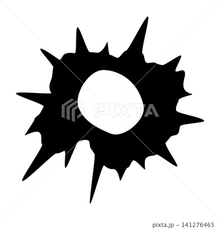 Black blob with sharp rays and a round frame, a bullet hole. Black blob with sharp rays and a round frame, a bullet hole. 141276465