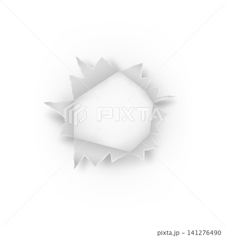 Torn aperture in paper, bullet hole realistic vector, damaged effect from bullet, gunshot impact ragged edge round mark Torn aperture in paper, bullet hole realistic vector, damaged effect from bullet, gunshot impact ragged edge round mark 141276490