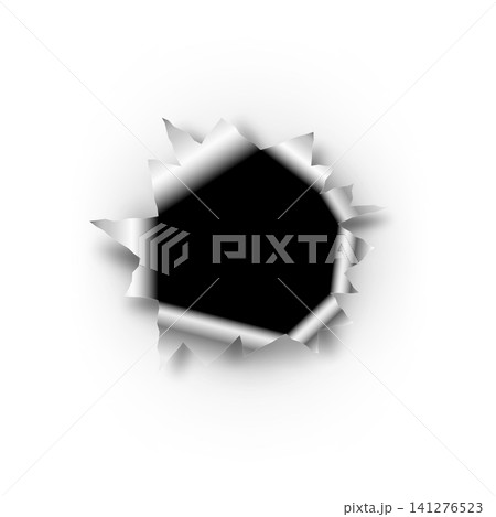 A round, jagged hole from a gunshot or impact on a metal or paper surface. A round, jagged hole from a gunshot or impact on a metal or paper surface. 141276523