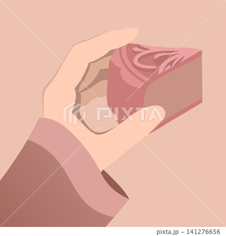 Hand holding mooncake slice, flat vector illustration, celebration of mid-autumn festival, traditional asian pastry concept, simple aesthetic for holiday greeting cards and festive web banners Hand holding mooncake slice, flat vector illustration, celebration of mid-autumn festival, traditional asian pastry concept, simple aesthetic for holiday greeting cards and festive web banners 141276656