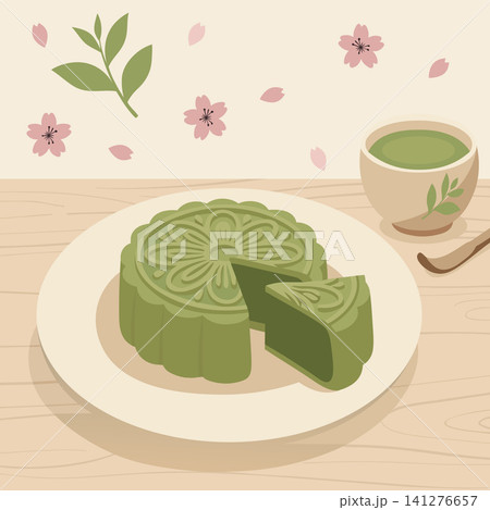 Matcha mooncake and matcha drink decorated with cherry blossoms, beautiful spring or festival composition, traditional asian culinary scene, peaceful tea time concept with floral elements Matcha mooncake and matcha drink decorated with cherry blossoms, beautiful spring or festival composition, traditional asian culinary scene, peaceful tea time concept with floral elements 141276657