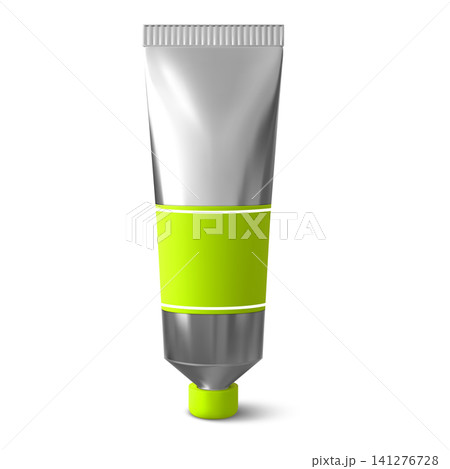 Yellow paint tube for artist, acrylic paint flexible container, vector 3D realistic silver metal tube with label and cap Yellow paint tube for artist, acrylic paint flexible container, vector 3D realistic silver metal tube with label and cap 141276728
