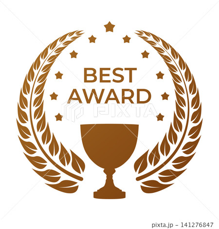 Winner award badge with stars, laurel wreath and winner cup, vector brown outline ranking achievement medal design 141276847