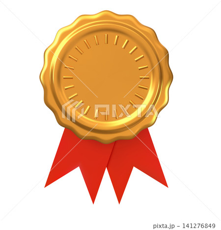 Realistic gold blank winner's medal with rays inside, wavy border and red ribbons at the bottom. Realistic gold blank winner's medal with rays inside, wavy border and red ribbons at the bottom. 141276849