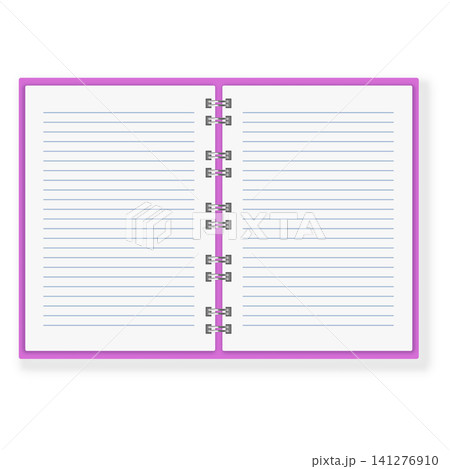 Notebook with metal coil rings binder vector realistic mockup, open notepad with lined paper sheets and pink cover Notebook with metal coil rings binder vector realistic mockup, open notepad with lined paper sheets and pink cover 141276910
