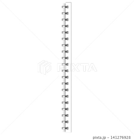 Metal spiral binder realistic vector, steel bound wire spring with square holes on paper sheet and straight stitches Metal spiral binder realistic vector, steel bound wire spring with square holes on paper sheet and straight stitches 141276928