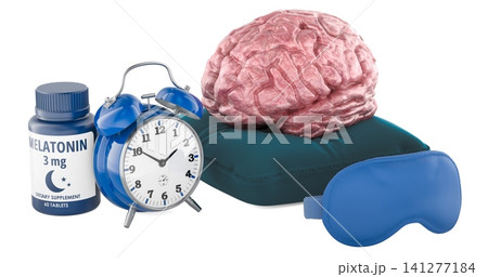 Brain on pillow with melatonin sleep mask and alarm clock. 3D rendering 141277184