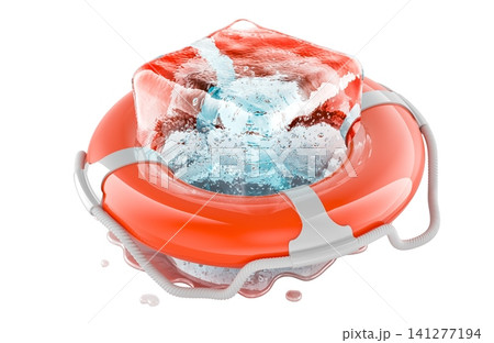Ice cube inside lifebuoy. 3D rendering Ice cube inside lifebuoy. 3D rendering 141277194