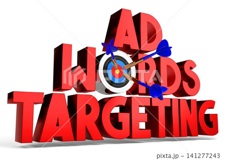 Ad words targeting concept - dartboard with arrows, white background - 3D illustration Ad words targeting concept - dartboard with arrows, white background - 3D illustration 141277243