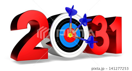 2031 concept - dartboard with arrows, white background - 3D illustration 2031 concept - dartboard with arrows, white background - 3D illustration 141277253