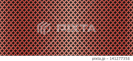 Metal perforated plates with diamond pattern holes in red, yellow, and black realistic textured backgrounds for industrial design, speaker grills, or modern signage projects. 141277358