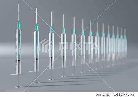 Many syringes isolated on grey background - 3D illustration Many syringes isolated on grey background - 3D illustration 141277373