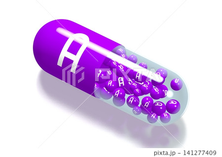 Vitamin A concept - violet pill on white background - 3D illustration Vitamin A concept - violet pill on white background - 3D illustration 141277409