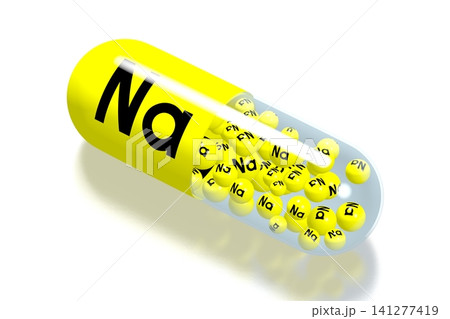 Mineral concept - Na - sodium - yellow pill on white background - 3D illustration Mineral concept - Na - sodium - yellow pill on white background - 3D illustration 141277419