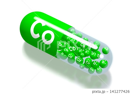 Mineral concept - Co - cobalt - green pill on white background - 3D illustration Mineral concept - Co - cobalt - green pill on white background - 3D illustration 141277426