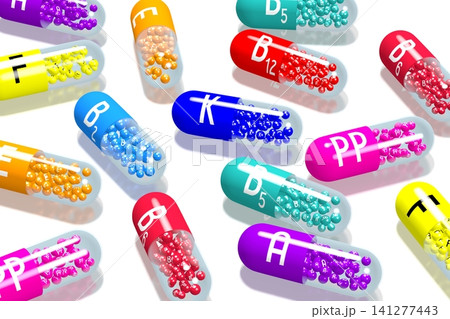Colorful vitamins on white background - 3D illustration 141277443