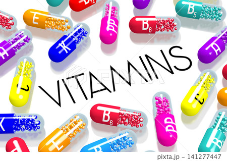Colorful vitamins on white background - 3D illustration Colorful vitamins on white background - 3D illustration 141277447