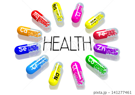 Health concept - colorful pills on white background - 3D illustration Health concept - colorful pills on white background - 3D illustration 141277461