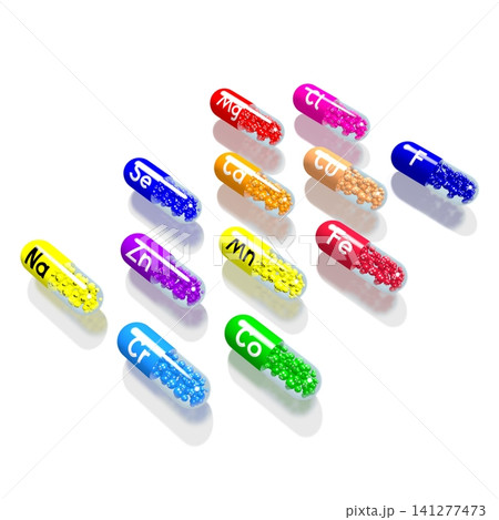 Minerals concept - colorful pills on white background - 3D illustration 141277473