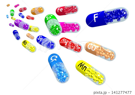 Minerals concept - colorful pills on white background - 3D illustration Minerals concept - colorful pills on white background - 3D illustration 141277477