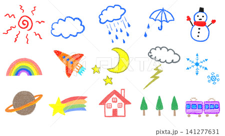 クレヨンで描いたカラフルなお天気イラストセット クレヨンで描いたカラフルなお天気イラストセット 141277631