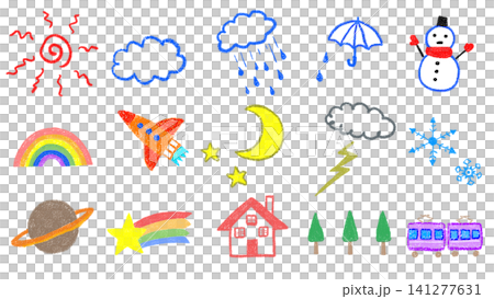 クレヨンで描いたカラフルなお天気イラストセット クレヨンで描いたカラフルなお天気イラストセット 141277631