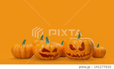 Halloween Jack O Lantern Pumpkins On Orange Background 3d render. Halloween Jack O Lantern Pumpkins On Orange Background 3d render. 141277810