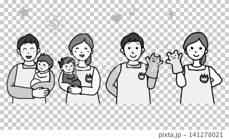 A set of illustrations (monochrome) depicting a female childcare worker and a male childcare worker. A set of illustrations (monochrome) depicting a female childcare worker and a male childcare worker. 141278021