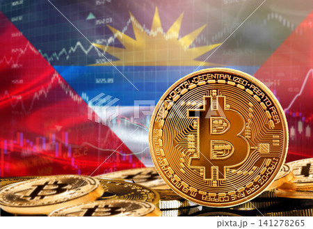 Investors in cryptocurrency and Blockchain Technology in Antigua and Barbuda, Concept. Bitcoin with Antiguan and Barbudan flag in the background 141278265
