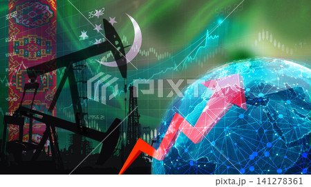 Oil production with Turkmen flag, petrol industry. Oil pumps with Turkmenistan flag Oil production with Turkmen flag, petrol industry. Oil pumps with Turkmenistan flag 141278361