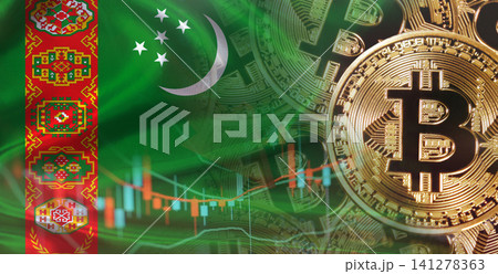 Bitcoin cryptocurrency with Turkmen flag. Investors in Blockchain Technology with Turkmenistan flag background Bitcoin cryptocurrency with Turkmen flag. Investors in Blockchain Technology with Turkmenistan flag background 141278363
