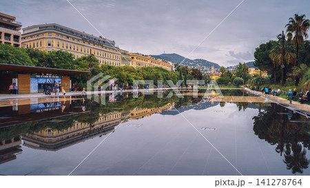 Nice, France - Nov 2, 2018 - Promenade du Paillon fountains with people Nice, France - Nov 2, 2018 - Promenade du Paillon fountains with people 141278764