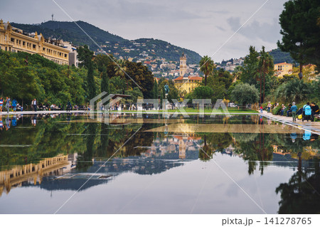 Nice, France - Nov 2, 2018 - Promenade du Paillon fountains with people 141278765