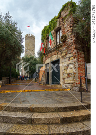 GENOA, ITALY - NOVEMBER 04, 2018 - Christopher Columbus House or Casa di Cristoforo Colombo and its fragments GENOA, ITALY - NOVEMBER 04, 2018 - Christopher Columbus House or Casa di Cristoforo Colombo and its fragments 141278769