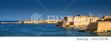 VALLETTA, MALTA - NOVEMBER 12, 2018 - In bay The Grand Harbor Tricity of Valletta, Birgu and Senglea on the island Malta VALLETTA, MALTA - NOVEMBER 12, 2018 - In bay The Grand Harbor Tricity of Valletta, Birgu and Senglea on the island Malta 141278789