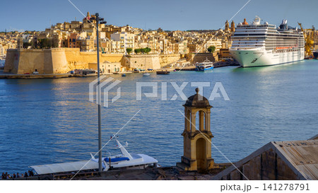 VALLETTA, MALTA - NOVEMBER 12, 2018 - In bay The Grand Harbor Tricity of Valletta, Birgu and Senglea on the island Malta VALLETTA, MALTA - NOVEMBER 12, 2018 - In bay The Grand Harbor Tricity of Valletta, Birgu and Senglea on the island Malta 141278791